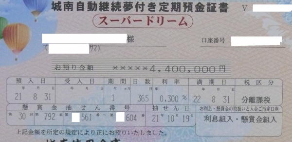 城南信用金庫懸賞金付き定期預金