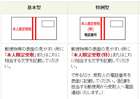 本人限定受取の差し出し表示例