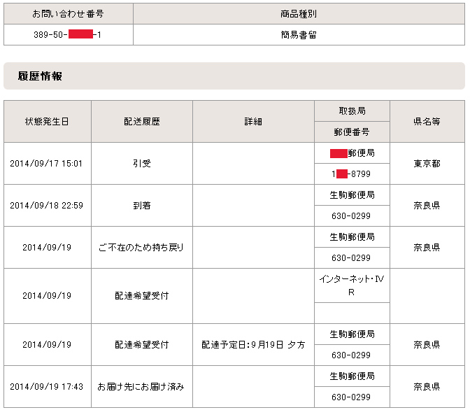簡易書留追跡データ