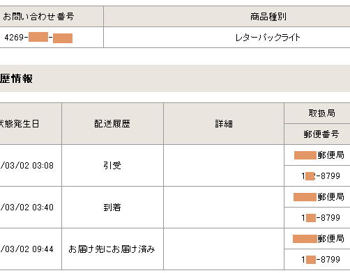 当日配達されたレターパック