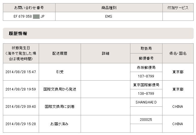 EMS検索結果日本発中国宛書類2014:日本語