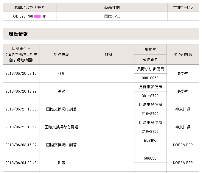 国際郵便検索:大韓民国宛国際小包船便