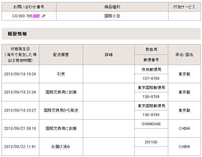 国際郵便検索:中国宛国際小包航空便