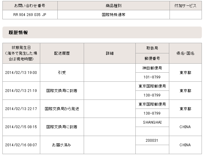 国際書留検索結果日本発中国宛:日本サイト
